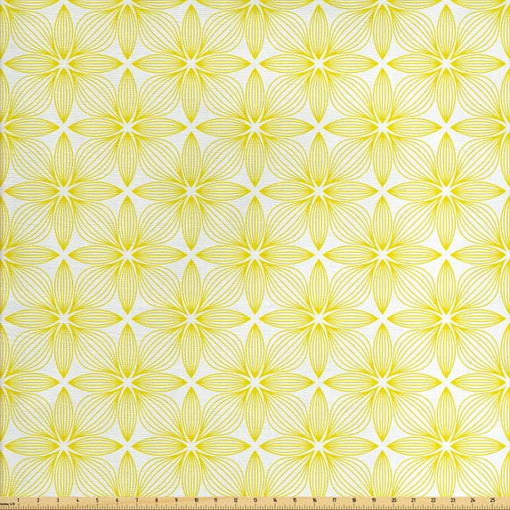 Ambesonne Floral Fabric by the Yard Upholstery, Geometric Monochrome Flowers, 5 Yards, White and Pastel Yellow