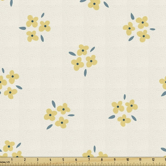 Ambesonne Floral Fabric by the Yard Upholstery, Minimalist Arrangement, 5 Yards, Ivory Mustard Blue Grey