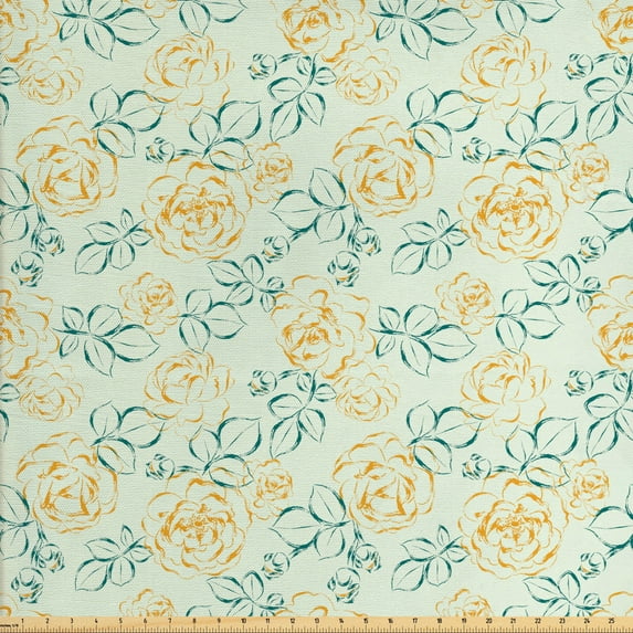 Floral Sofa Upholstery Fabric by the Yard, Sketchy Outlines of Garden Roses and Leaves Drawn by Hand, Decorative Fabric for DIY and Home Accents, Marigold Teal by Ambesonne