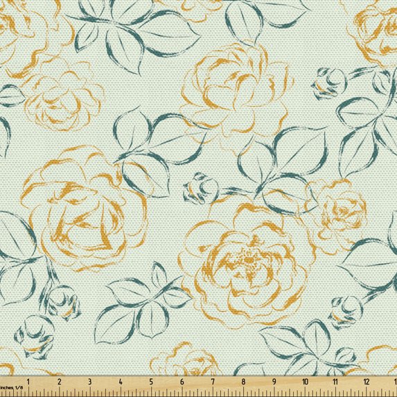 Floral Sofa Upholstery Fabric by the Yard, Sketchy Outlines of Garden Roses and Leaves Drawn by Hand, Decorative Fabric for DIY and Home Accents, Marigold Teal by Ambesonne