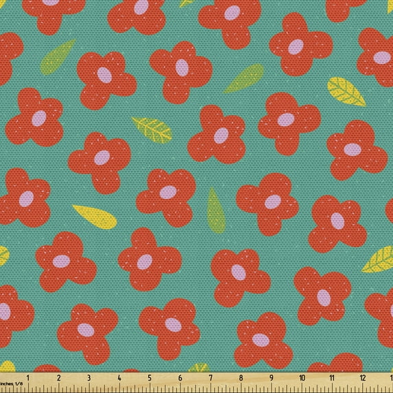 Ambesonne Floral Fabric by the Yard Upholstery, Small Flowers Print Blooming, 10 Yards, Vermilion Dark Seafoam