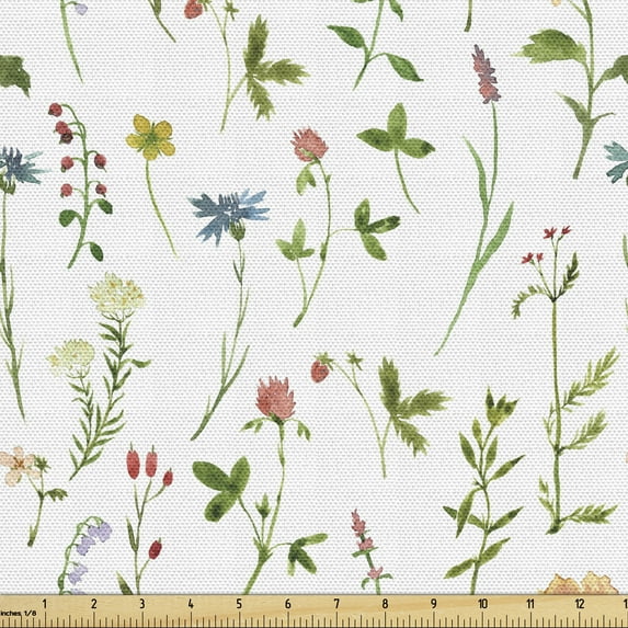 Ambesonne Floral Fabric by the Yard Upholstery, Herb Flowers Watercolors, 1 Yard, Multicolor