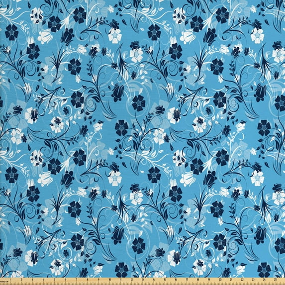 Ambesonne Floral Fabric by the Yard Upholstery, Shabby Plant Petals, 3 Yards, Dark Blue White