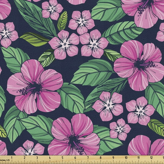 Floral Sofa Upholstery Fabric by the Yard, Top View of Exotic Plants and Hibiscus Flowers, Decorative Fabric for DIY and Home Accents, Pink Jade Green by Ambesonne
