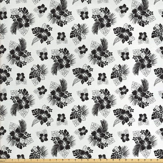 Ambesonne Floral Fabric by the Yard Upholstery, Leafy Hibiscus Pansies Art, 3 Yards, Charcoal Grey and White