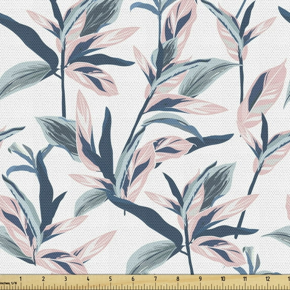 Ambesonne Floral Fabric by the Yard Upholstery, Graphic Design of Leaves, 1 Yard, White Rose Blue Grey