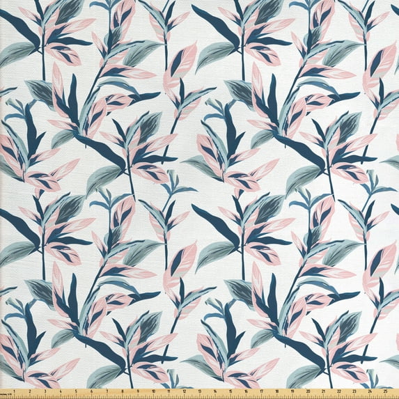 Ambesonne Floral Fabric by the Yard Upholstery, Graphic Design of Leaves, 5 Yards, White Rose Blue Grey