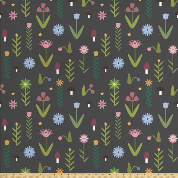 Ambesonne Floral Fabric by the Yard Upholstery, Minimal Cartoon Flowers, 2 Yards, Olive Green Dried Rose