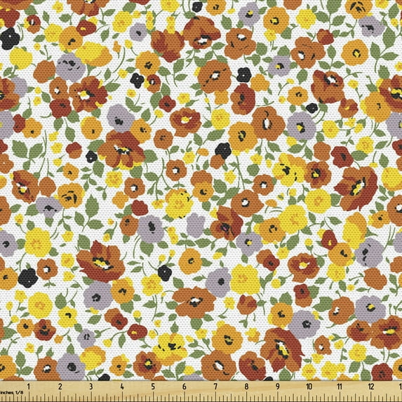 Floral Sofa Upholstery Fabric by the Yard, Vintage Layout of Blooming Spring Flowers on a Plain Background, Decorative Fabric for DIY and Home Accents, Dark Orange Multicolor by Ambesonne