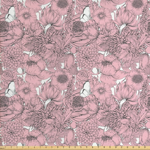 Floral Sofa Upholstery Fabric by the Yard, Vintage Sketch Look Detailed Tropical Garden Flowers Peony Arrangement Print, Decorative Fabric for DIY Home Accents, 10 Yards, Rose Multicolor by Ambesonne