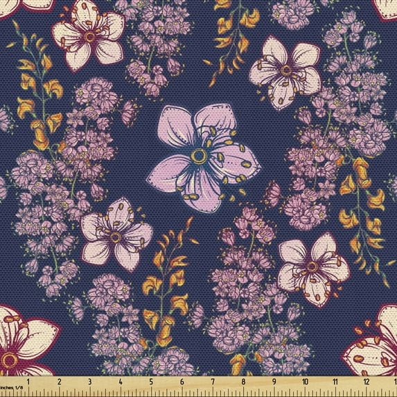 Ambesonne Floral Fabric by the Yard Upholstery, Vintage Theme Spring Flowers, 10 Yards, Night Blue Pale Pink