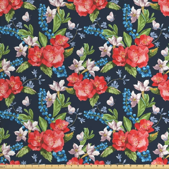 Ambesonne Floral Fabric by the Yard Upholstery, Blueberries Green Leaves, 10 Yards, Multicolor