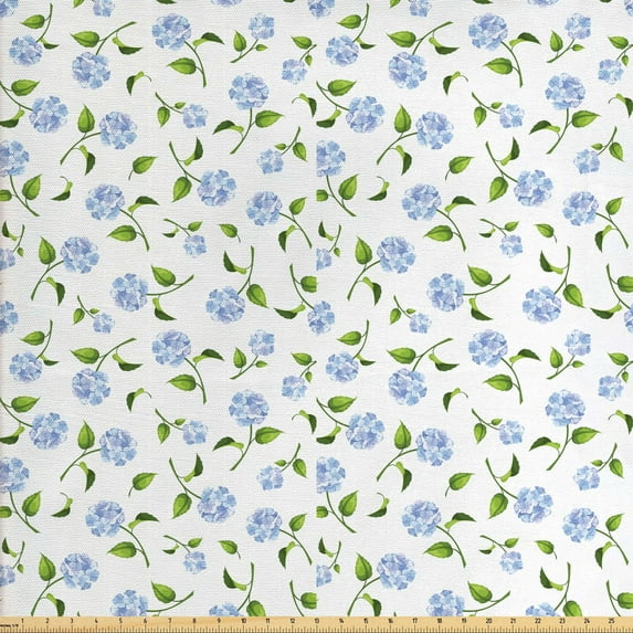 Floral Sofa Upholstery Fabric by the Yard, Watercolor Hydrangea Flowers and Leaves Composed on a Plain Background, Decorative Fabric for DIY and Home Accents, Ceil Blue Green White by Ambesonne