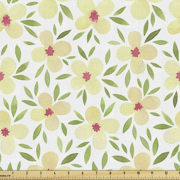 Ambesonne Floral Fabric by the Yard Upholstery, Watercolor Little Flowers, 5 Yards, Pale Olive Green Beige