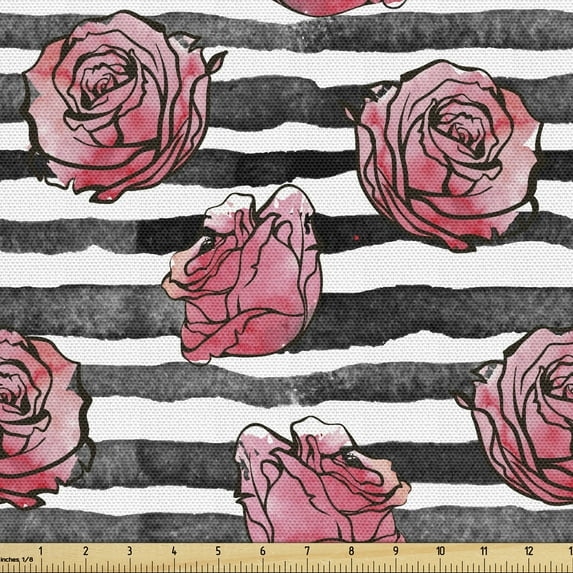 Ambesonne Floral Fabric by the Yard Upholstery, Watercolor Modern Flowers, 1 Yard, White Black Coral