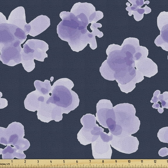 Ambesonne Floral Fabric by the Yard Upholstery, Watercolor Flower Blossoms, 5 Yards, Night Blue Lavender
