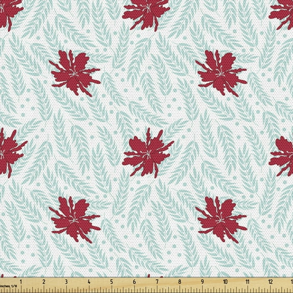 Floral Sofa Upholstery Fabric by the Yard, Winter Blooms on Icy Wheat Field Foliage Seasonal Flourishing Theme, Decorative Fabric for DIY and Home Accents, Pale Blue Ruby and White by Ambesonne