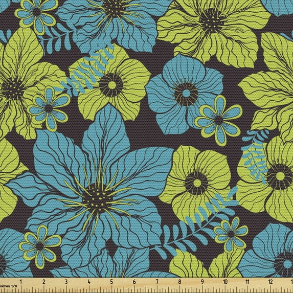 Ambesonne Floral Fabric by the Yard Upholstery, Exotic Flowers Illustraiton, 5 Yards, Dark Mauve Yellow Green