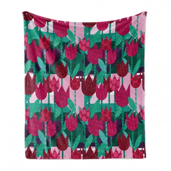 Floral Soft Flannel Fleece Blanket, Abstract Art Flower Polka Dotted Tulips on Geometric Background Illustration, Cozy Plush for Indoor and Outdoor Use, 50" x 60", Jade Green and Red, by Ambesonne