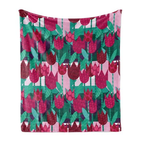 Floral Soft Flannel Fleece Blanket, Abstract Art Flower Polka Dotted Tulips on Geometric Background Illustration, Cozy Plush for Indoor and Outdoor Use, 60" x 80", Jade Green and Red, by Ambesonne