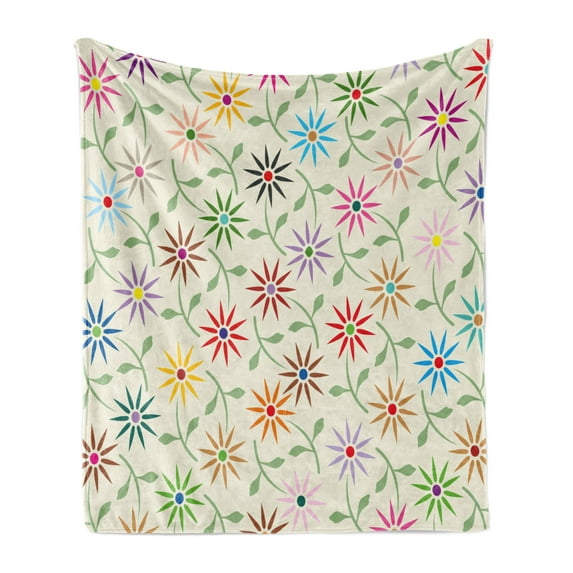 Floral Soft Flannel Fleece Blanket, Abstract Colorful Graphic Flowers with Leaves Repeating Pattern Botanic Garden Art, Cozy Plush for Indoor and Outdoor Use, 60" x 80", Multicolor, by Ambesonne