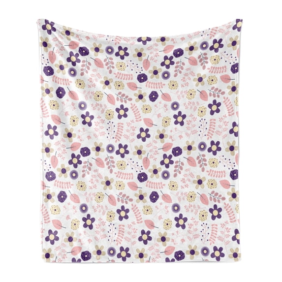 Floral Soft Flannel Fleece Blanket, Abstract Combination of Spring Flowers Dahlias Chrysanthemum and Leaves, Cozy Plush for Indoor and Outdoor Use, 50" x 60", Purple Coral and Cream, by Ambesonne