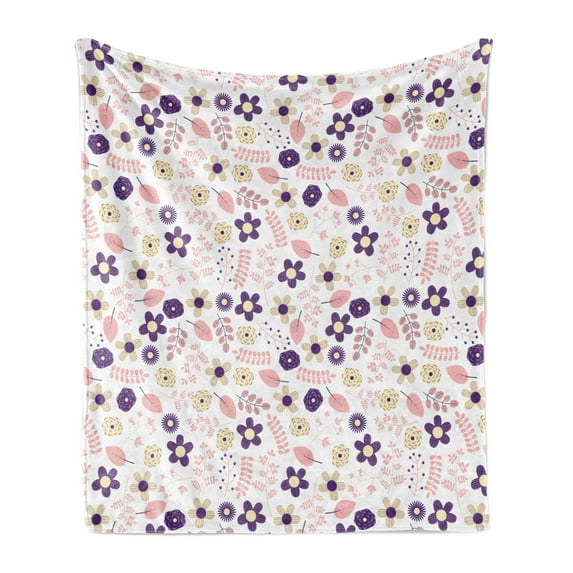 Floral Soft Flannel Fleece Blanket, Abstract Combination of Spring Flowers Dahlias Chrysanthemum and Leaves, Cozy Plush for Indoor and Outdoor Use, 50" x 70", Purple Coral and Cream, by Ambesonne