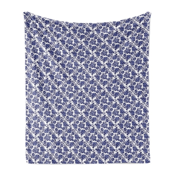 Floral Soft Flannel Fleece Blanket, Abstract Rose Flower Branch with Leaves Garden Art Vintage Deco Illustration, Cozy Plush for Indoor and Outdoor Use, 60" x 80", Violet Blue White, by Ambesonne