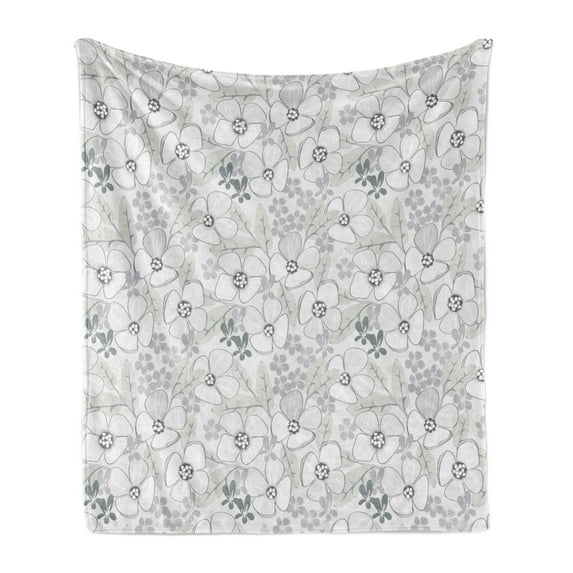 Floral Soft Flannel Fleece Blanket, Abstract Sketchy Hand Drawn Garden Spring Flowers with Grey Backdrop Image, Cozy Plush for Indoor and Outdoor Use, 50" x 60", Pale Grey and White, by Ambesonne