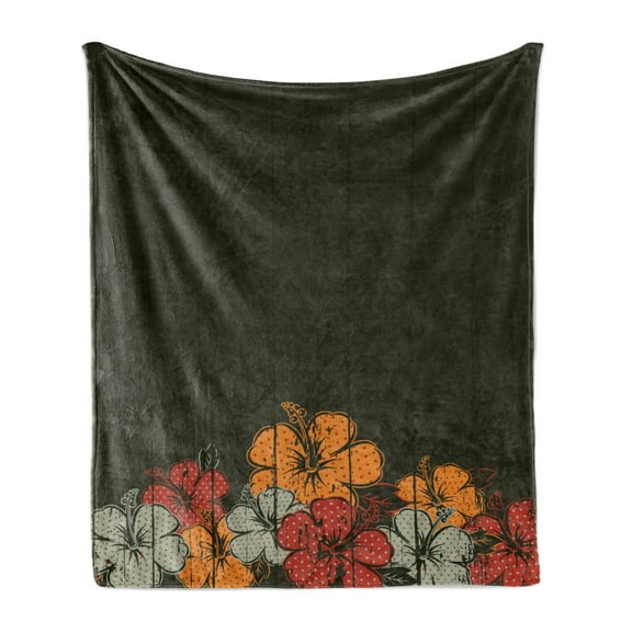 Floral Soft Flannel Fleece Blanket, Abstract Wooden Backdrop with Hawaiian Romantic Flowers Buds Blooms Leaves, Cozy Plush for Indoor and Outdoor Use, 50" x 60", Amber Red Army Green, by Ambesonne