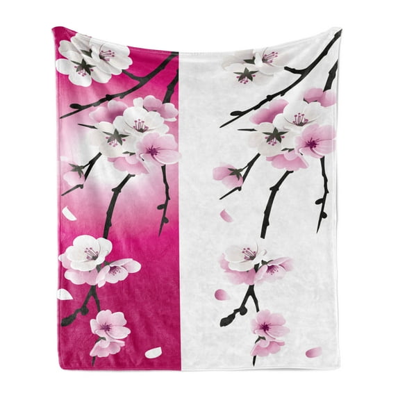Floral Soft Flannel Fleece Blanket, Apricot Flowers Branches on Different Backgrounds Blossoms Nature Garden Art, Cozy Plush for Indoor and Outdoor Use, 50" x 70", Pink Black White, by Ambesonne