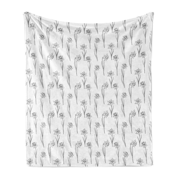 Floral Soft Flannel Fleece Blanket, Basic Interpretation of Flowers of Narcissus Drawings Botanical Garden Art, Cozy Plush for Indoor and Outdoor Use, 70" x 90", Dark Grey and White, by Ambesonne