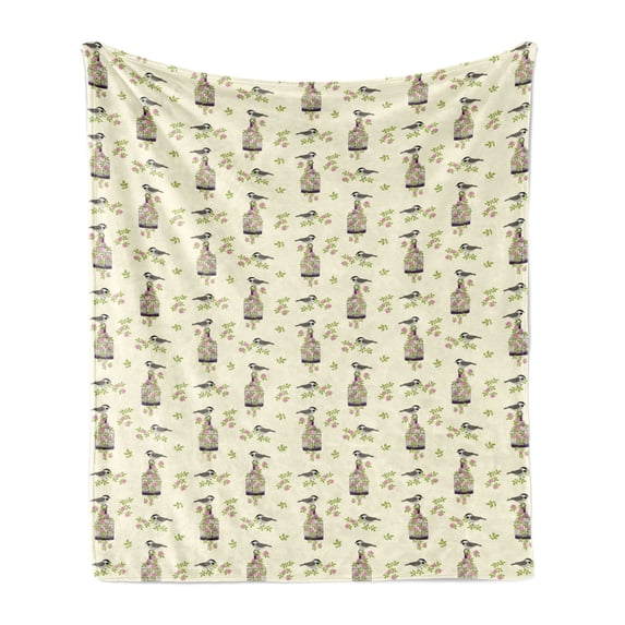 Floral Soft Flannel Fleece Blanket, Birds Cages Roses and Leaves Interpretation in a Romantic Layout Vintage, Cozy Plush for Indoor and Outdoor Use, 50" x 70", Cream and Multicolor, by Ambesonne