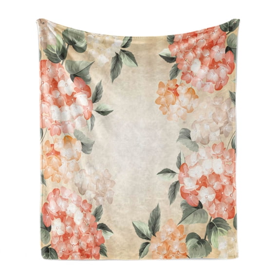 Floral Soft Flannel Fleece Blanket, Blooming Hydrangea Flowers Leaves Bouquet Vintage Style Spring Nature Print, Cozy Plush for Indoor and Outdoor Use, 50" x 70", Salmon Reseda Green, by Ambesonne
