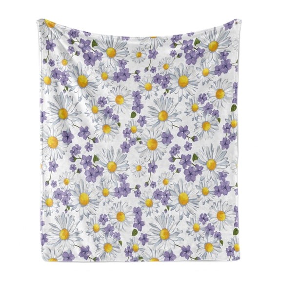 Floral Soft Flannel Fleece Blanket, Blossoming Chamomile Wild Flower Summer Background Spring Natural Pattern, Cozy Plush for Indoor and Outdoor Use, 70" x 90", White Yellow Purple, by Ambesonne