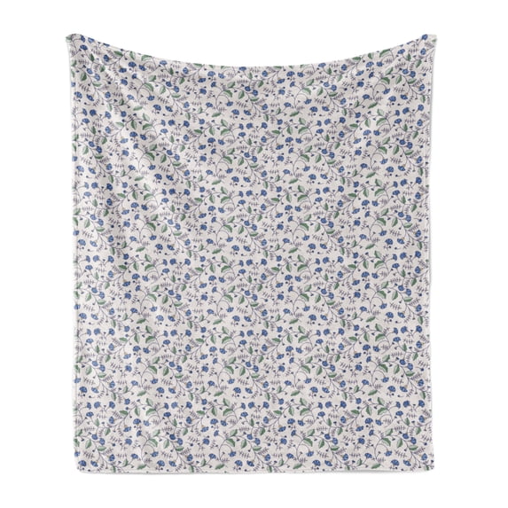 Floral Soft Flannel Fleece Blanket, Blue Cornflowers and Leaves Old Fashioned Natural Design with Ornate Garden Plants, Cozy Plush for Indoor and Outdoor Use, 70" x 90", Multicolor, by Ambesonne