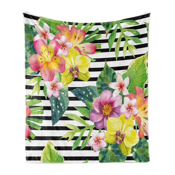 Floral Soft Flannel Fleece Blanket, Bouquet with Lily Dahlia Palm Begonia Leaves Orchid Flowers on a Striped Background, Cozy Plush for Indoor and Outdoor Use, 70" x 90", Multicolor, by Ambesonne