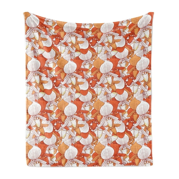 Floral Soft Flannel Fleece Blanket, Bouquet of Retro Orchid Blossoms in Hand Drawn Style with Dashed Lines, Cozy Plush for Indoor and Outdoor Use, 60" x 80", Orange Apricot and White, by Ambesonne