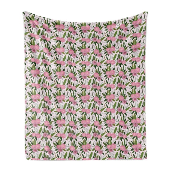 Floral Soft Flannel Fleece Blanket, Camellia Flowers in Bloom with Leaves Designed in Watercolor Pattern, Cozy Plush for Indoor and Outdoor Use, 50" x 70", Lilac Olive Green and Pink, by Ambesonne