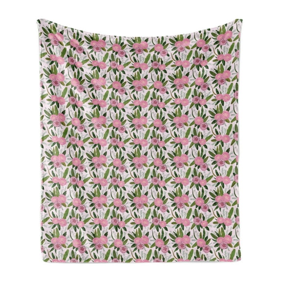 Floral Soft Flannel Fleece Blanket, Camellia Flowers in Bloom with Leaves Designed in Watercolor Pattern, Cozy Plush for Indoor and Outdoor Use, 60" x 80", Lilac Olive Green and Pink, by Ambesonne