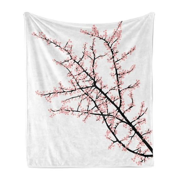 Floral Soft Flannel Fleece Blanket, Cherry Branch with Pink Blossom Traditional Style Illustration Asia Culture Themed, Cozy Plush for Indoor and Outdoor Use, 70" x 90", Pink Black, by Ambesonne
