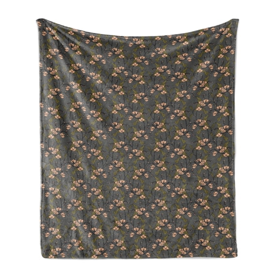 Floral Soft Flannel Fleece Blanket, Classic Blooming Foliage with Victorian Shabby Vintage Flourish Print, Cozy Plush for Indoor and Outdoor Use, 50" x 60", Charcoal Grey and Peach, by Ambesonne