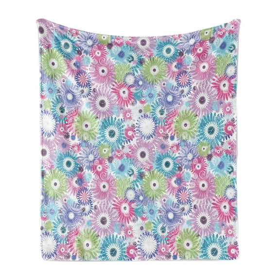Floral Soft Flannel Fleece Blanket, Colorful Pastel Pattern with Flowers and Vintage Curls Ornate Style Gerbera Daisies, Cozy Plush for Indoor and Outdoor Use, 70" x 90", Multicolor, by Ambesonne