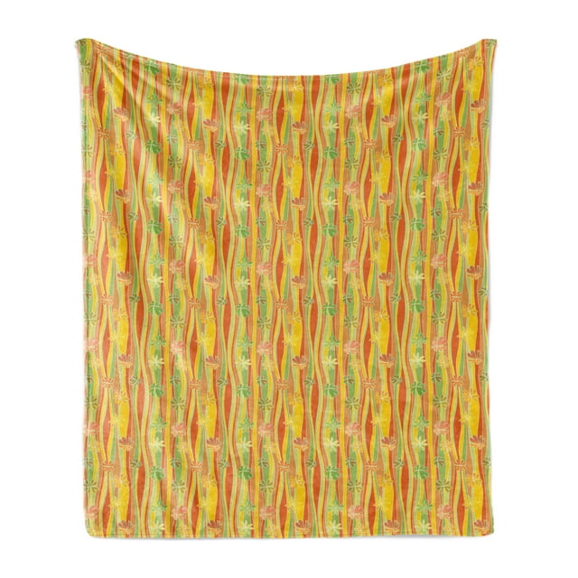 Floral Soft Flannel Fleece Blanket, Colorful Skew Vertical Waves Pattern Accompanied with Clover Inspired Ombre Leaves, Cozy Plush for Indoor and Outdoor Use, 70" x 90", Multicolor, by Ambesonne