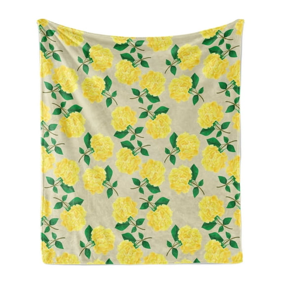Floral Soft Flannel Fleece Blanket, Continuous Botanical Theme Yellow Cloves Pattern with Branches and Leaves, Cozy Plush for Indoor and Outdoor Use, 70" x 90", Mustard Green and Tan, by Ambesonne