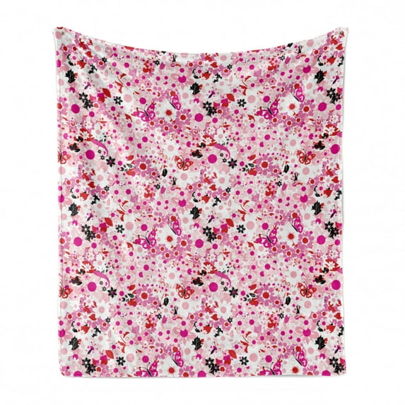 Floral Soft Flannel Fleece Blanket, Continuous Butterflies Flower Petals Leaves Summer Arrangement Print, Cozy Plush for Indoor and Outdoor Use, 60" x 80", White Hot Pink Vermilion, by Ambesonne