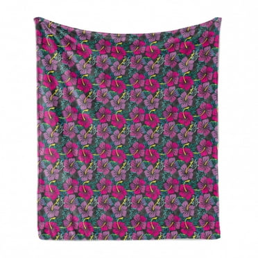 Floral Soft Flannel Fleece Blanket, Continuous Colorful Exotic Summer Aloha Flower Petals Retro Blossoming Pattern, Cozy Plush for Indoor and Outdoor Use, 70" x 90", Grey Multicolor, by Ambesonne