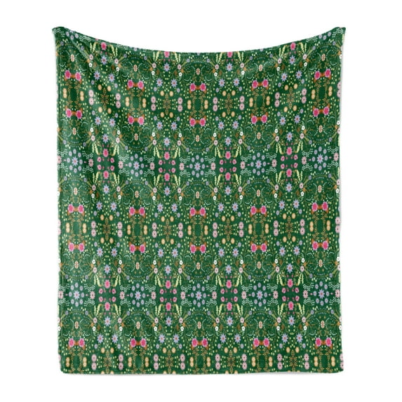 Floral Soft Flannel Fleece Blanket, Continuous Flowers Arrangement in Eastern Style Design Illustration, Cozy Plush for Indoor and Outdoor Use, 70" x 90", Hunter Green and Multicolor, by Ambesonne