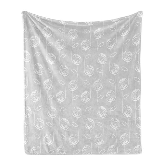 Floral Soft Flannel Fleece Blanket, Continuous Modern Thin Lines Rose Flower Sketch in Muted Grey Tones Pattern, Cozy Plush for Indoor and Outdoor Use, 50" x 70", Pale Grey and White, by Ambesonne