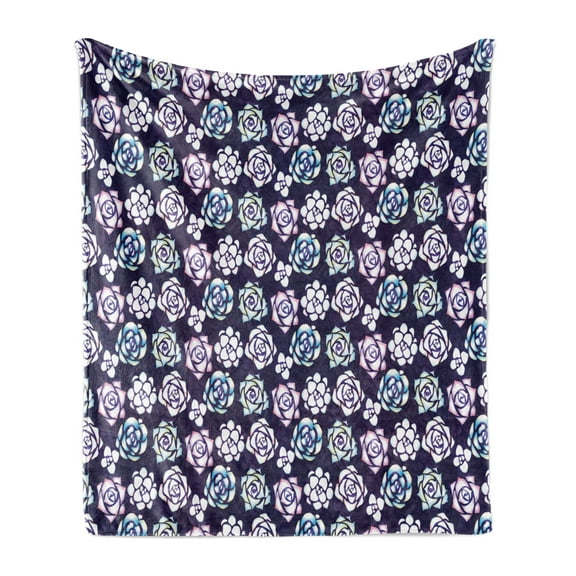 Floral Soft Flannel Fleece Blanket, Continuous Rose Flowers and Succulent Motifs in Dark Tones Illustration, Cozy Plush for Indoor and Outdoor Use, 50" x 70", Dark Purple Multicolor, by Ambesonne